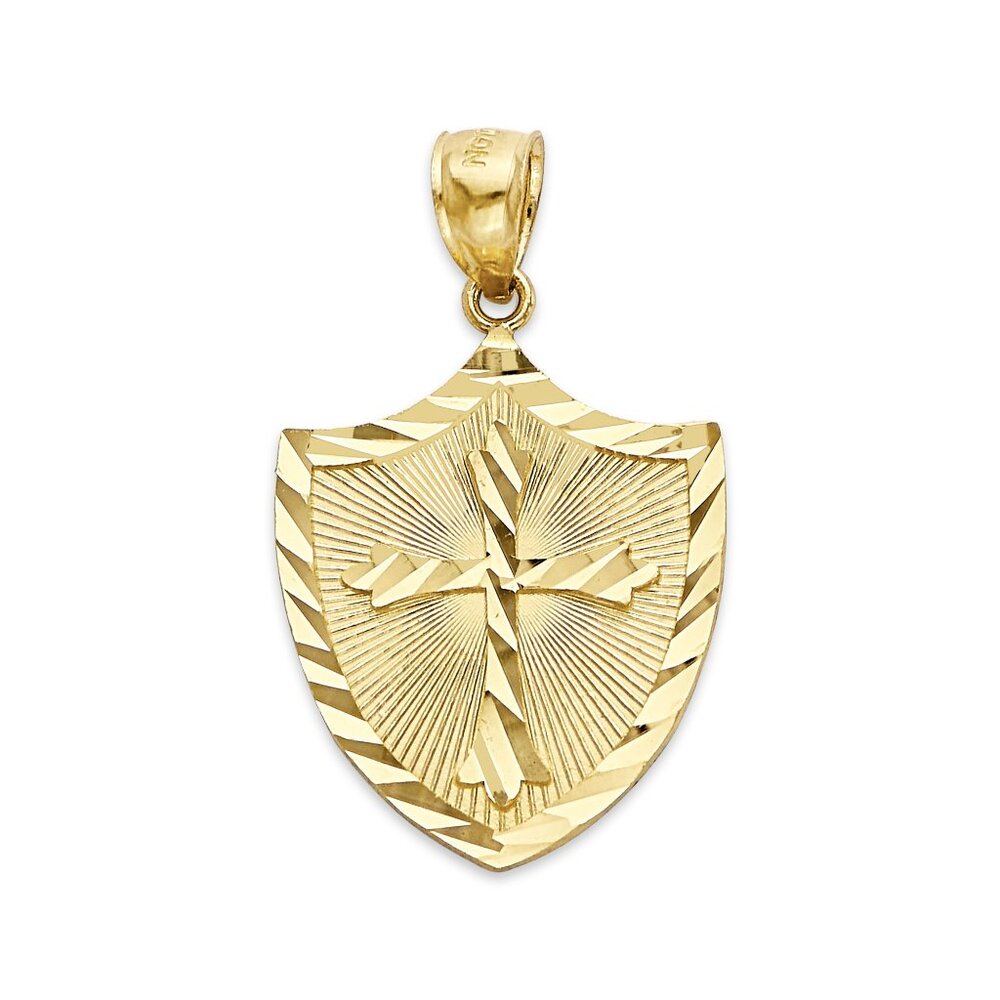 Solid Gold Cross Shield Pendant: 14k Diamond Cut Religious Charm